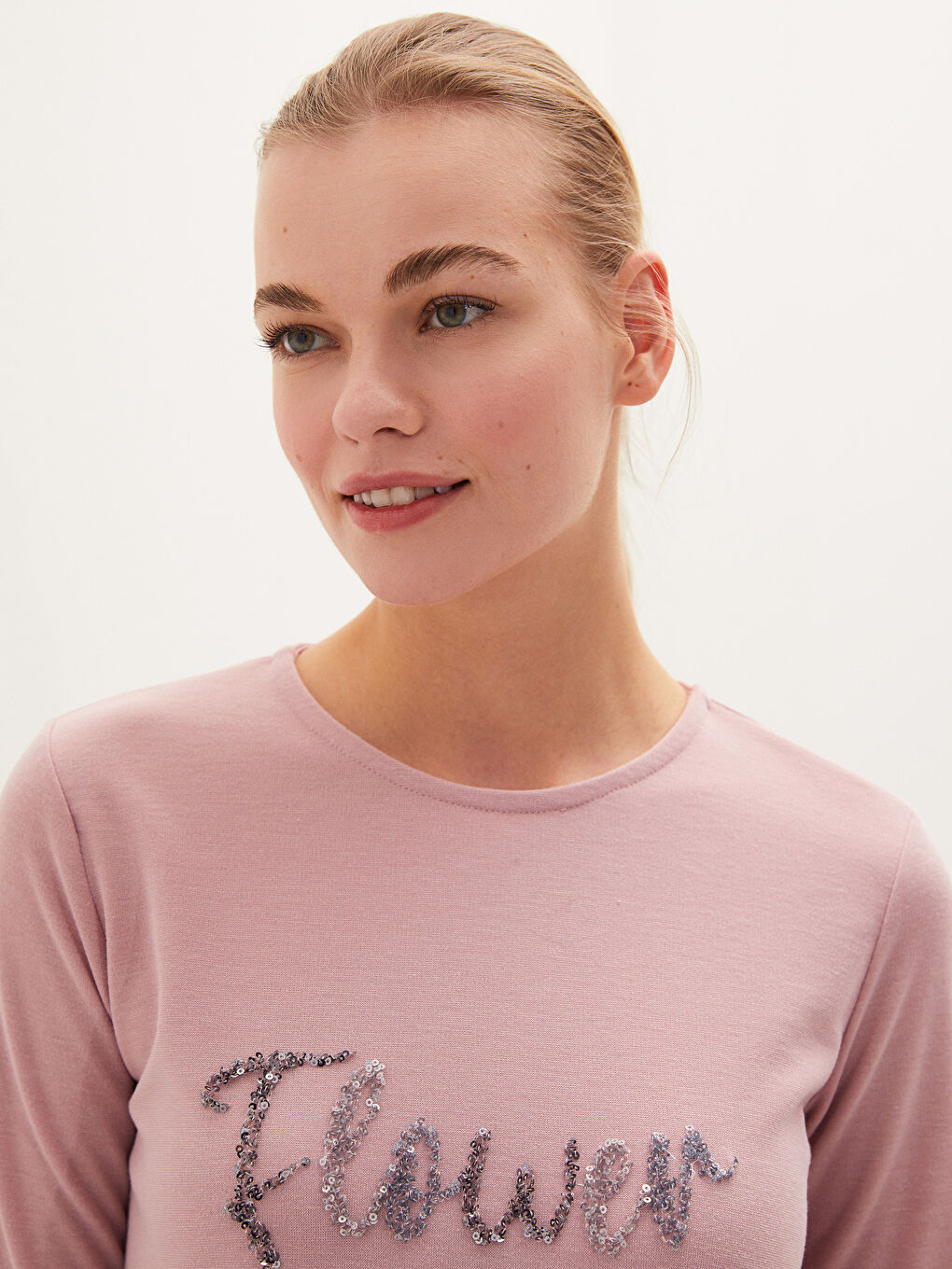 Crew Neck Sequined Printed Long Sleeve Women's Tunic-2