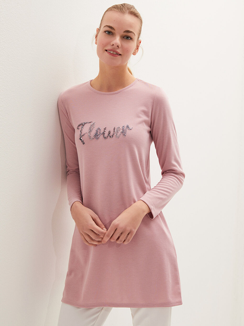 Crew Neck Sequined Printed Long Sleeve Women's Tunic-4