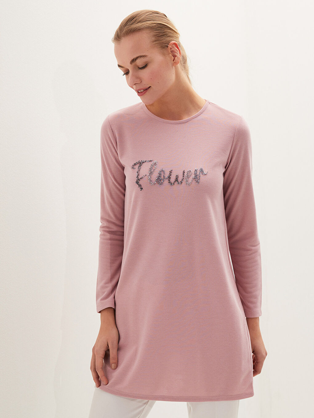 Crew Neck Sequined Printed Long Sleeve Women's Tunic