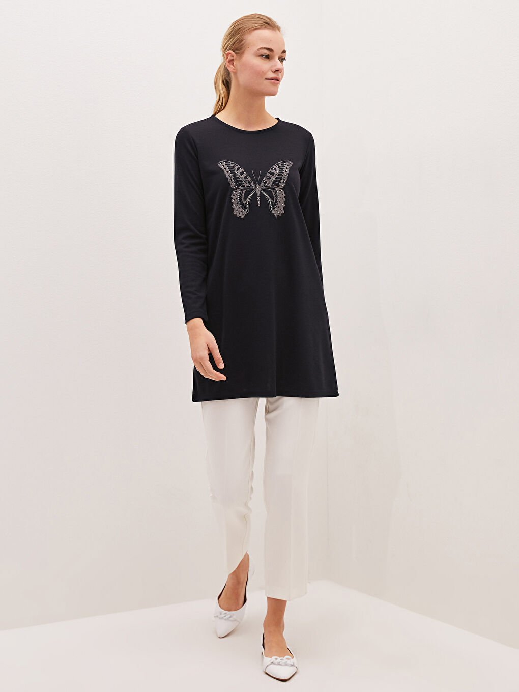 Crew Neck Printed Long Sleeve Women's Tunic-1