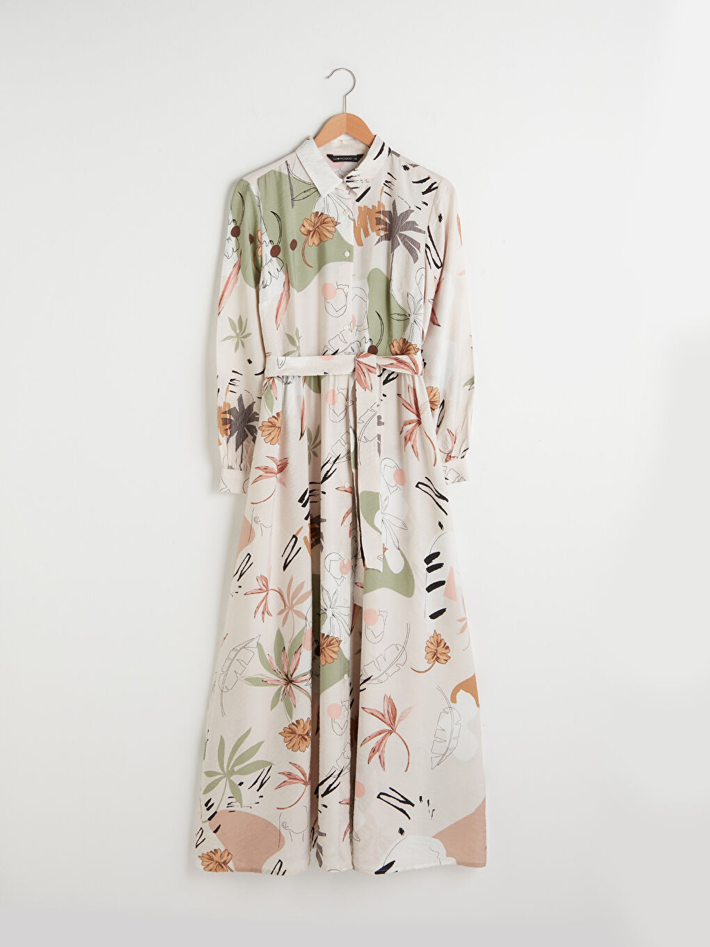 Ekru Gömlek Yaka Çiçek Baskılı Uzun Kollu Beli Kuşaklı Kadın Elbise-5