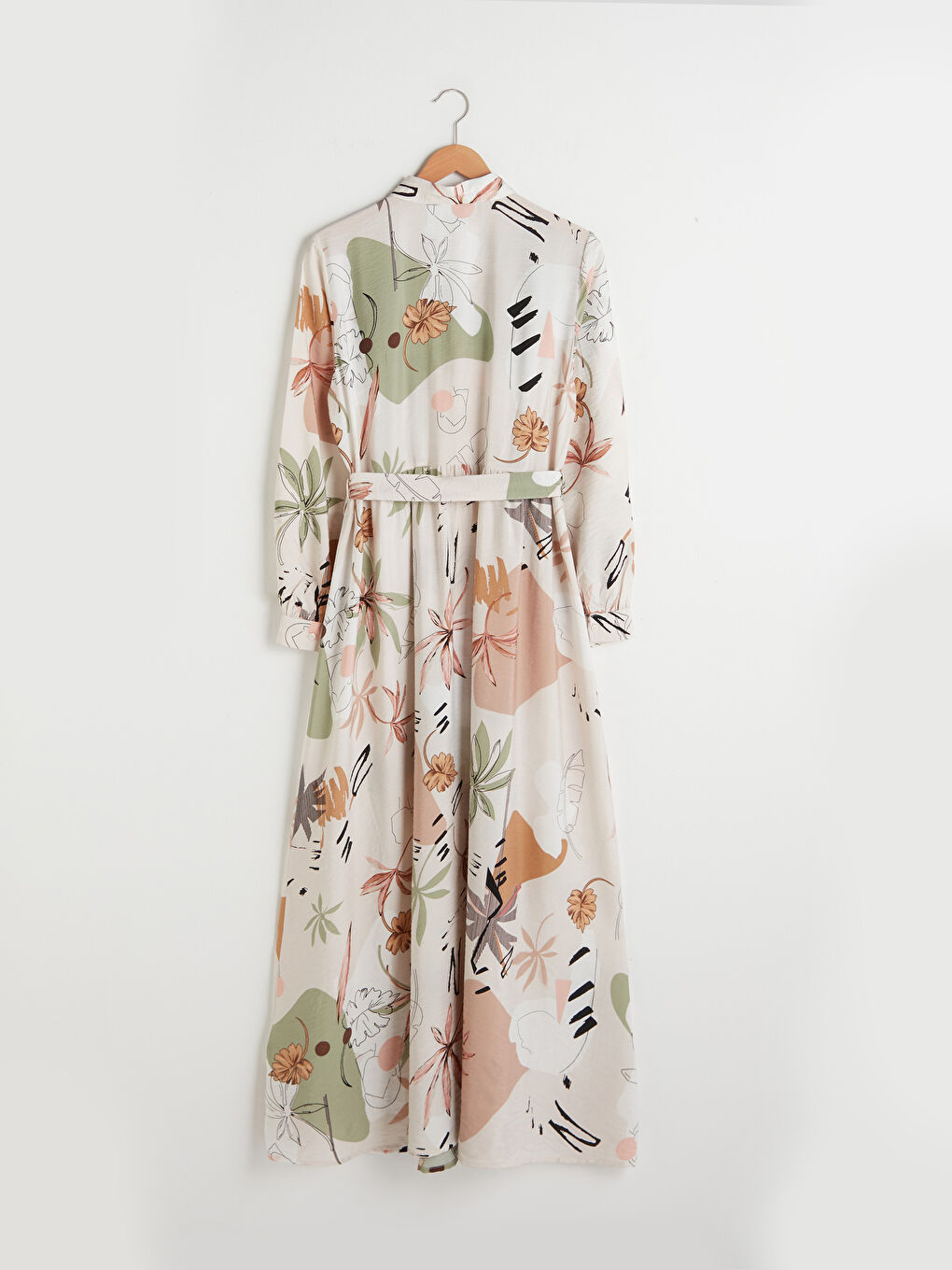 Ekru Gömlek Yaka Çiçek Baskılı Uzun Kollu Beli Kuşaklı Kadın Elbise-6