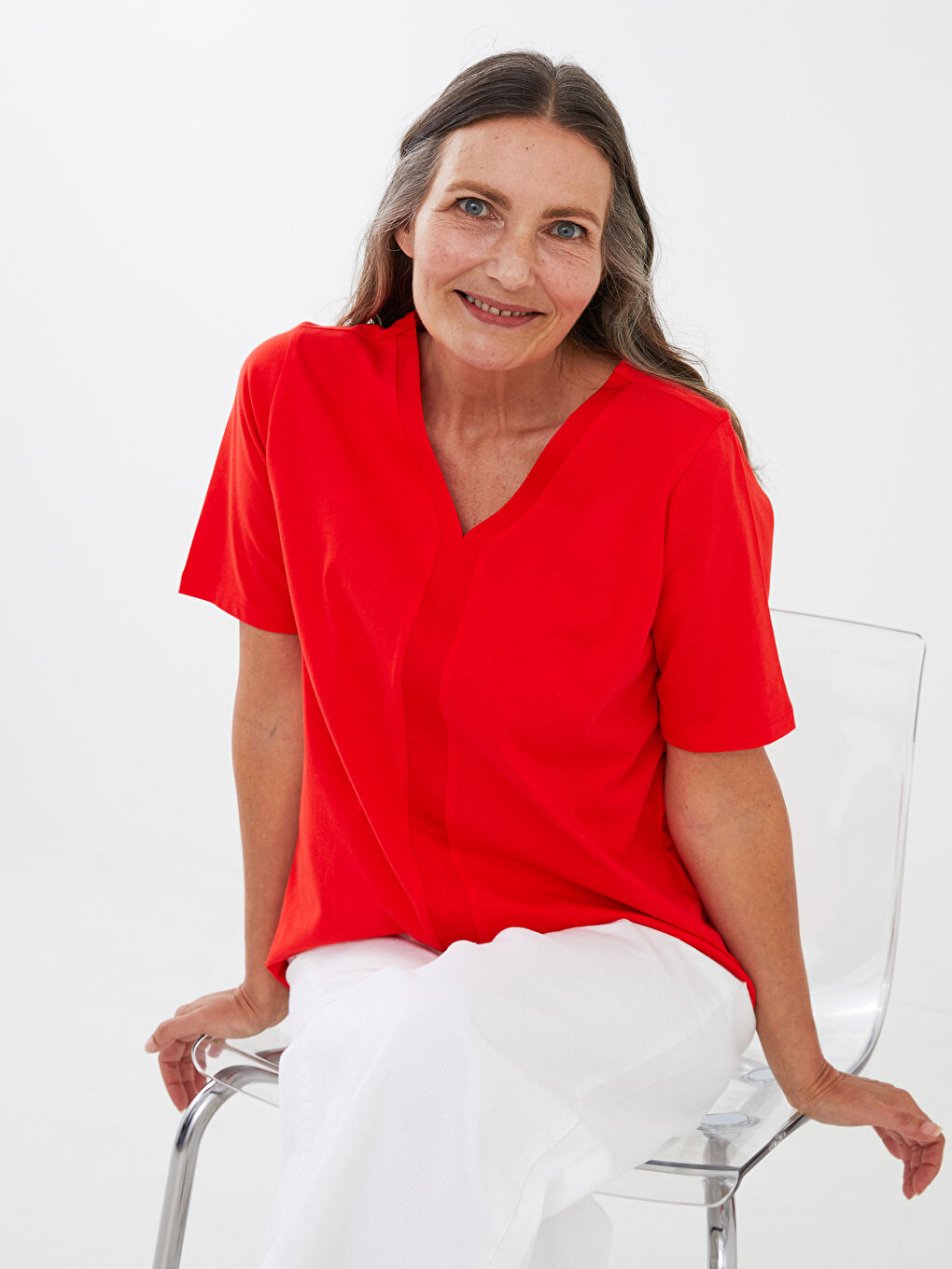 V-Neck Straight Short Sleeve Women's Blouse