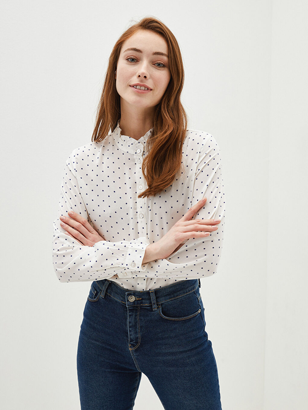 Ruffled Collar Polka Dot Long Sleeve Viscose Women's Shirt