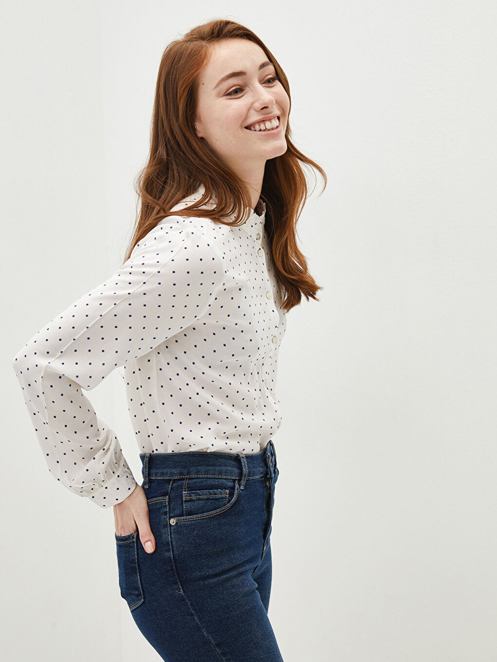 Ruffled Collar Polka Dot Long Sleeve Viscose Women's Shirt-1