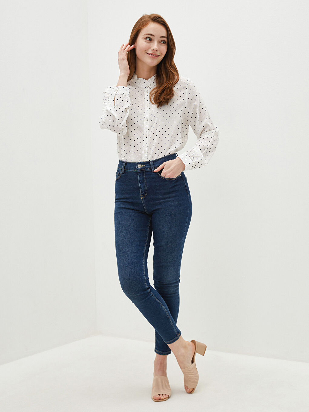 Ruffled Collar Polka Dot Long Sleeve Viscose Women's Shirt-4