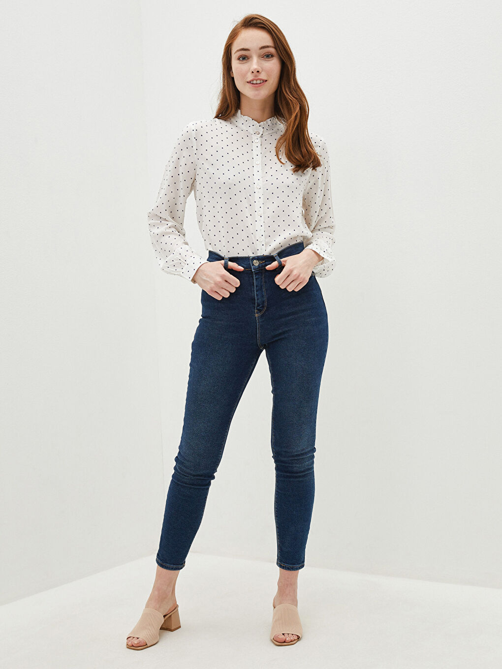 Ruffled Collar Polka Dot Long Sleeve Viscose Women's Shirt-5