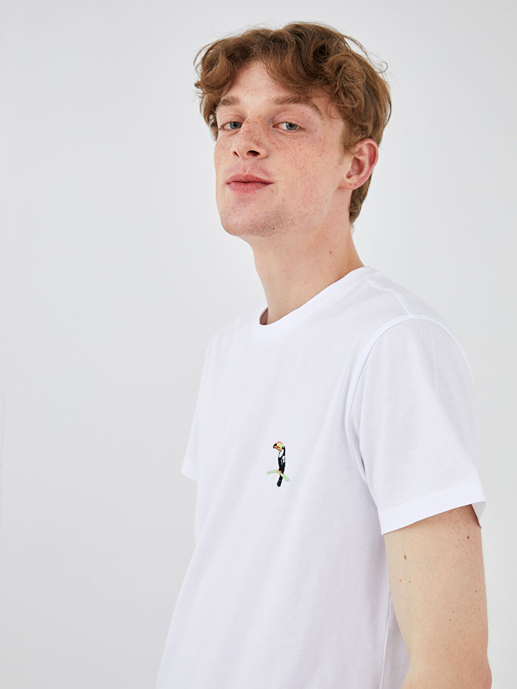 Beyaz Bisiklet Yaka Kısa Kollu Baskılı Penye Erkek Tişört-2