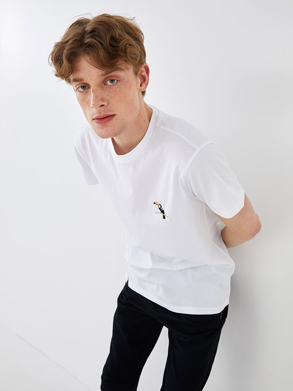 Beyaz Bisiklet Yaka Kısa Kollu Baskılı Penye Erkek Tişört-5