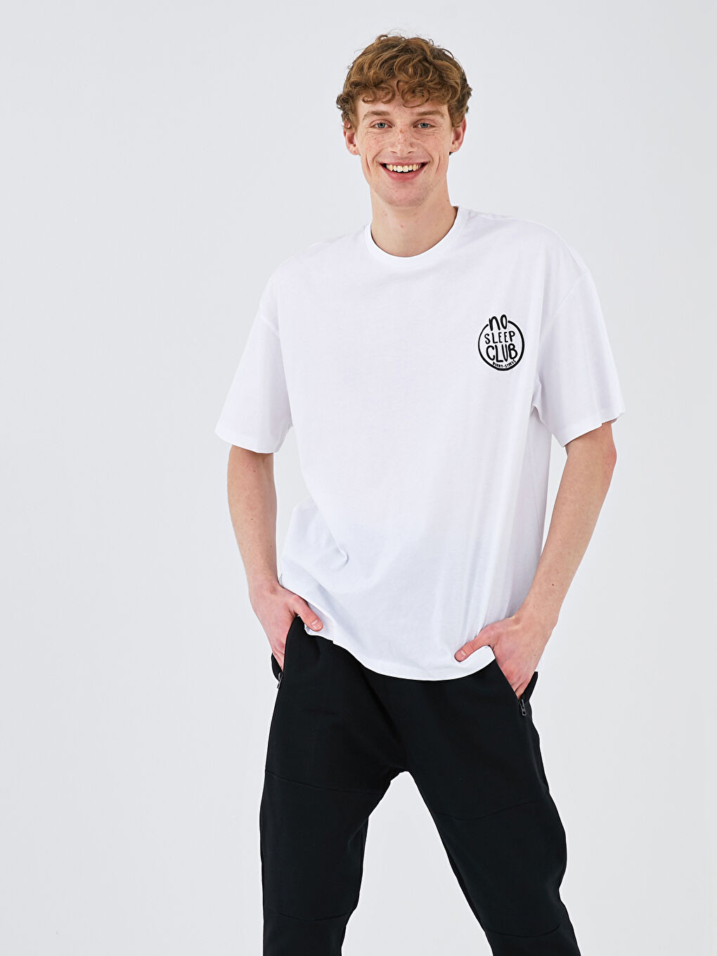 Beyaz Bisiklet Yaka Kısa Kollu Baskılı Penye Erkek Tişört-7