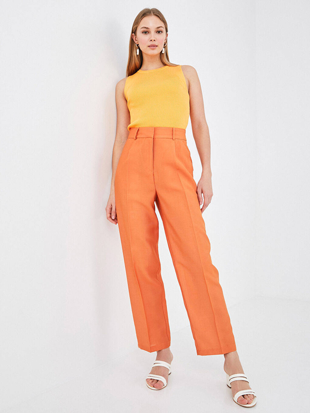 Turuncu Yüksek Bel Slim Fit Kadın Pantolon-2