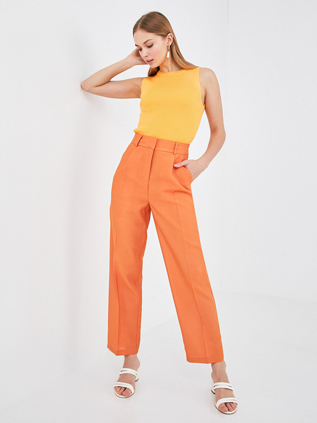 Turuncu Yüksek Bel Slim Fit Kadın Pantolon-4