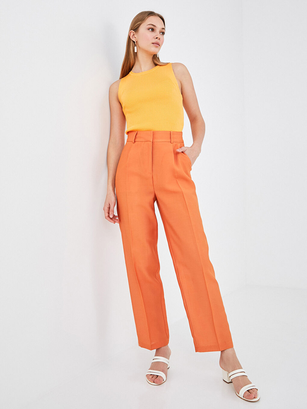 Turuncu Yüksek Bel Slim Fit Kadın Pantolon