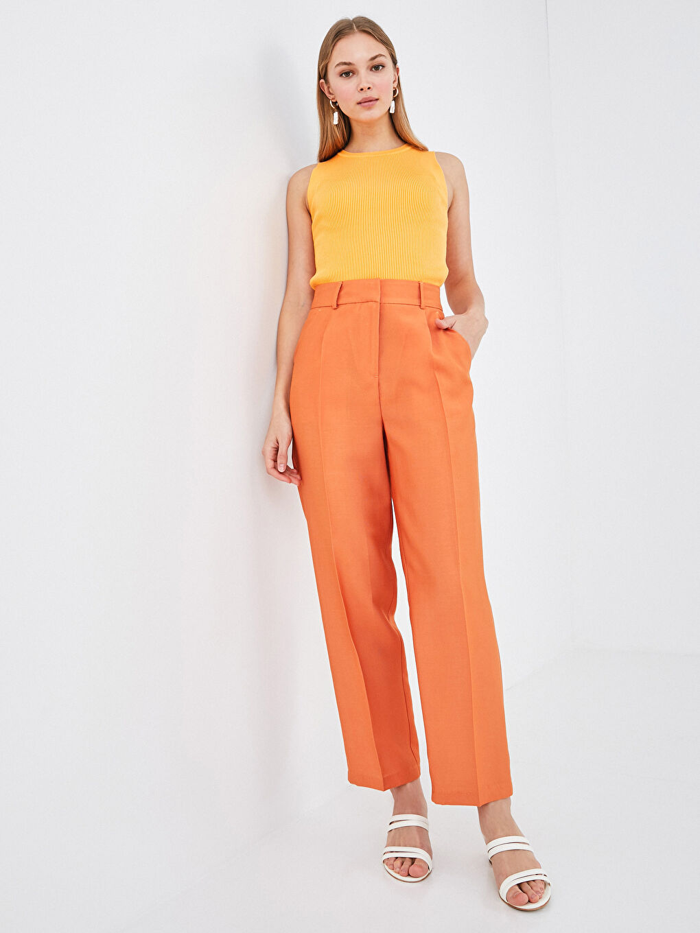 Turuncu Yüksek Bel Slim Fit Kadın Pantolon-1