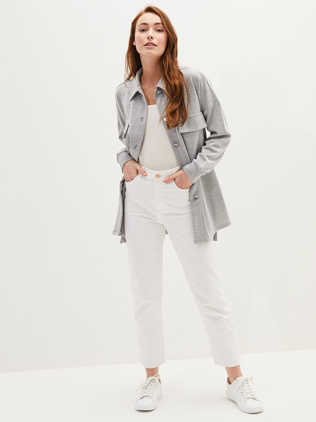 Gri Düğme Kapamalı Çizgili Uzun Kollu Cep Detaylı Kadın Gömlek Ceket-5