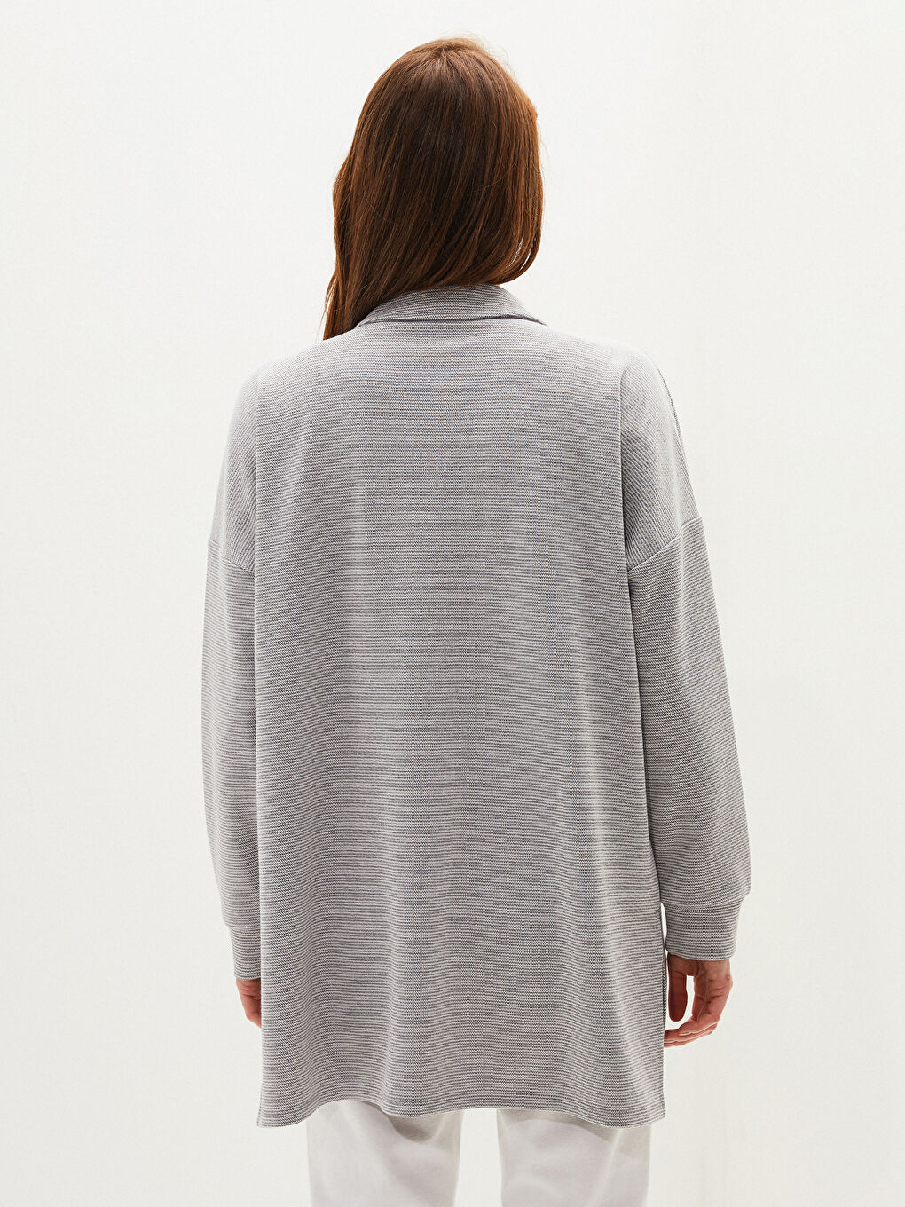 Gri Düğme Kapamalı Çizgili Uzun Kollu Cep Detaylı Kadın Gömlek Ceket-6