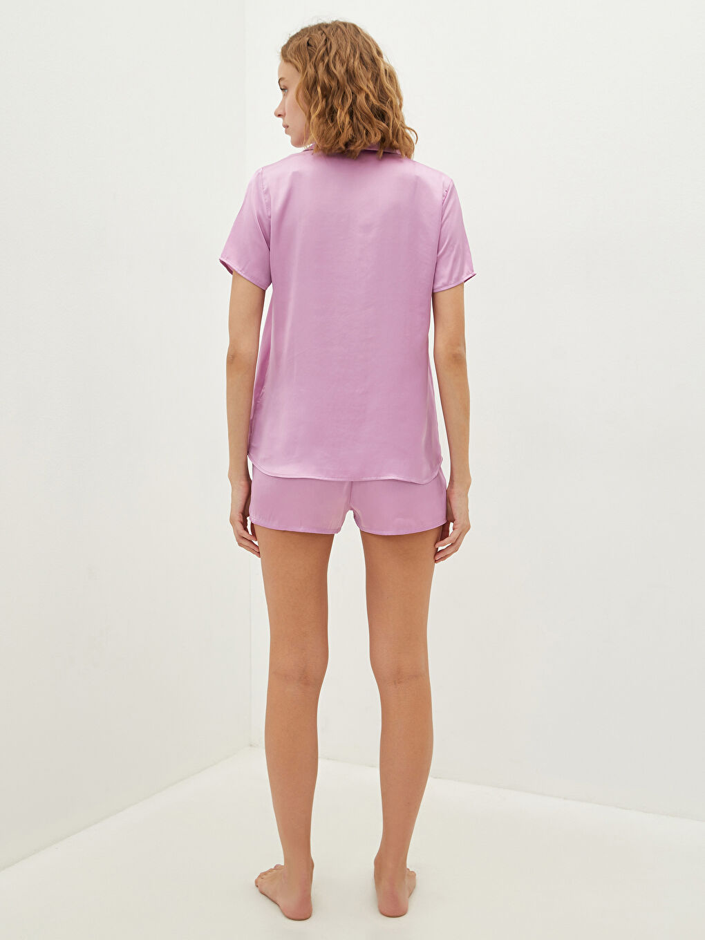 Shirt Collar Straight Short Sleeve Satin Fabric Women's Pajamas Set-5