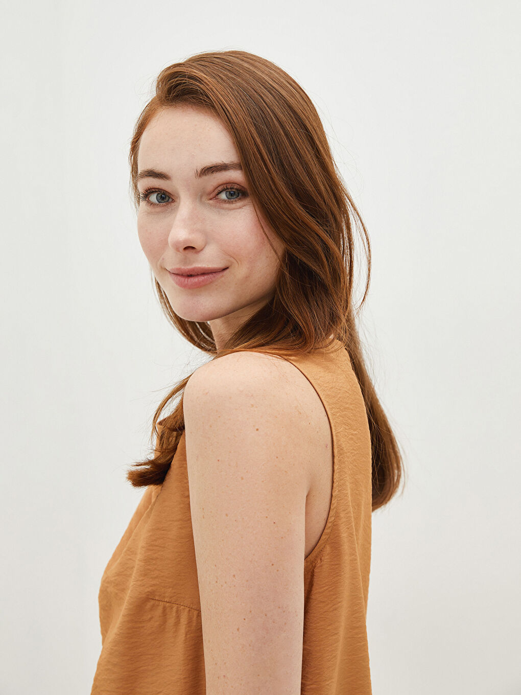 Kahverengi Kadın Bisiklet Yaka Düz Kolsuz Elbise-2