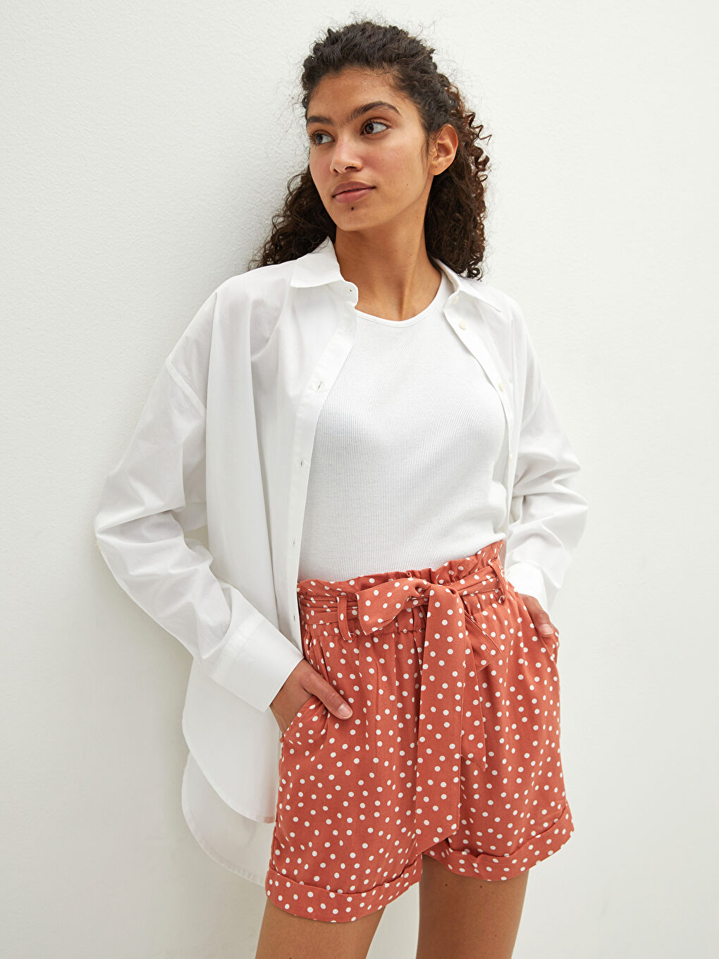 Elastic Waist Polka Dot Pocket Detailed Viscose Women's Shorts