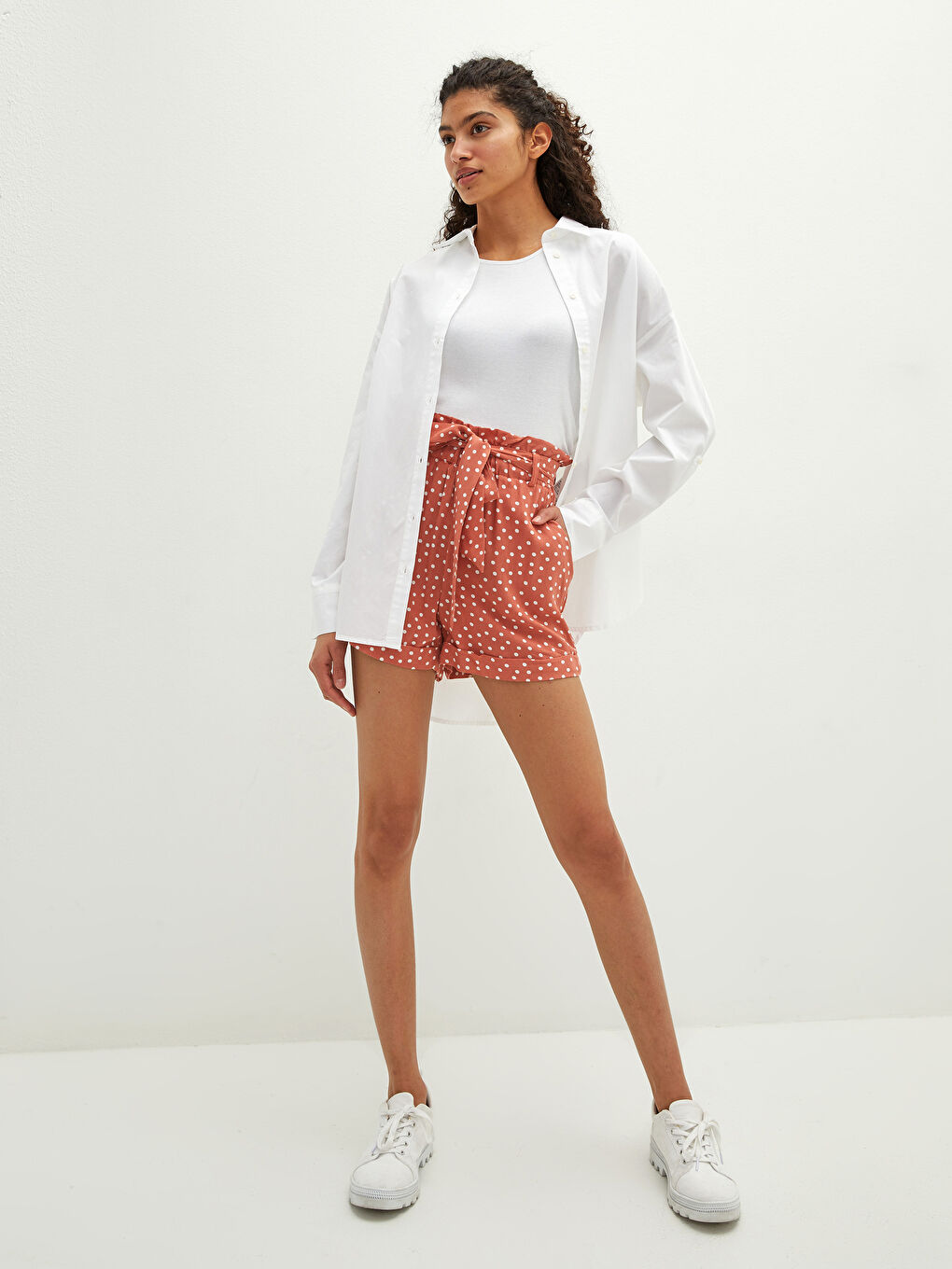 Elastic Waist Polka Dot Pocket Detailed Viscose Women's Shorts-1