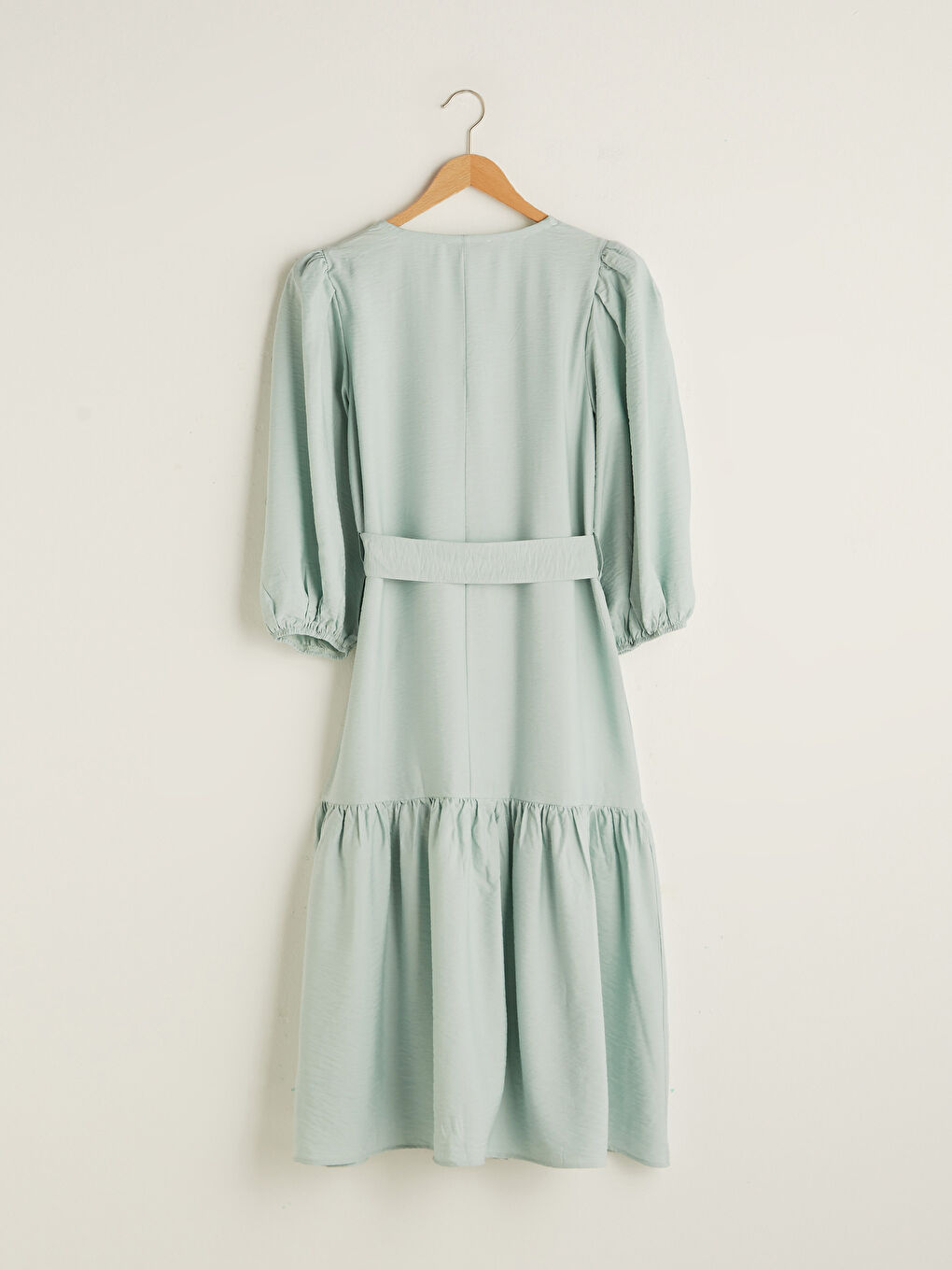 V Neck Waist Belt Straight Long Sleeve Women Dress-5