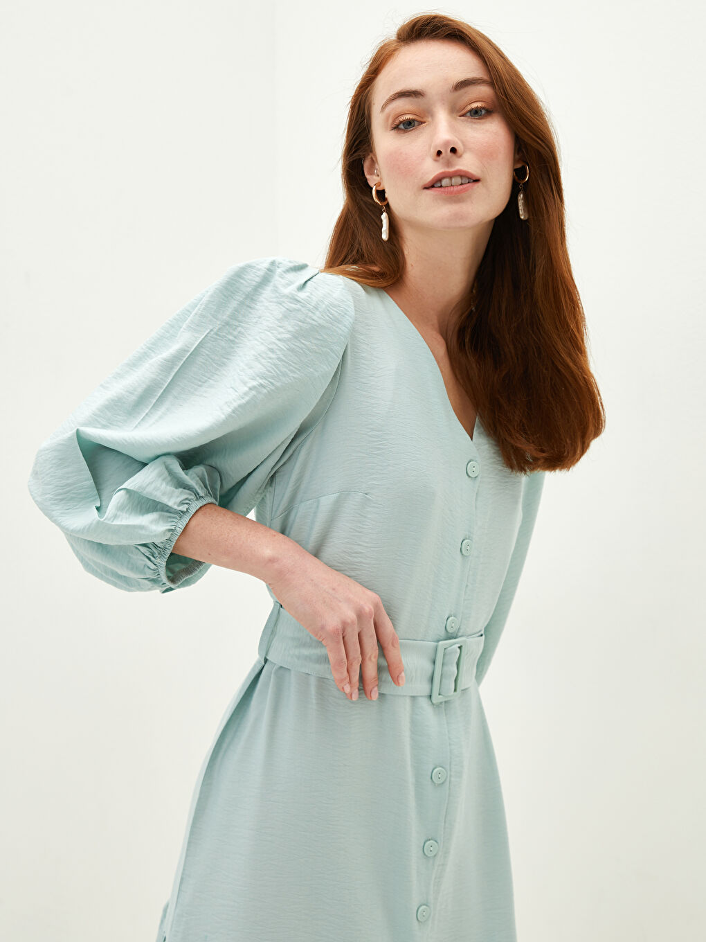 V Neck Waist Belt Straight Long Sleeve Women Dress-2