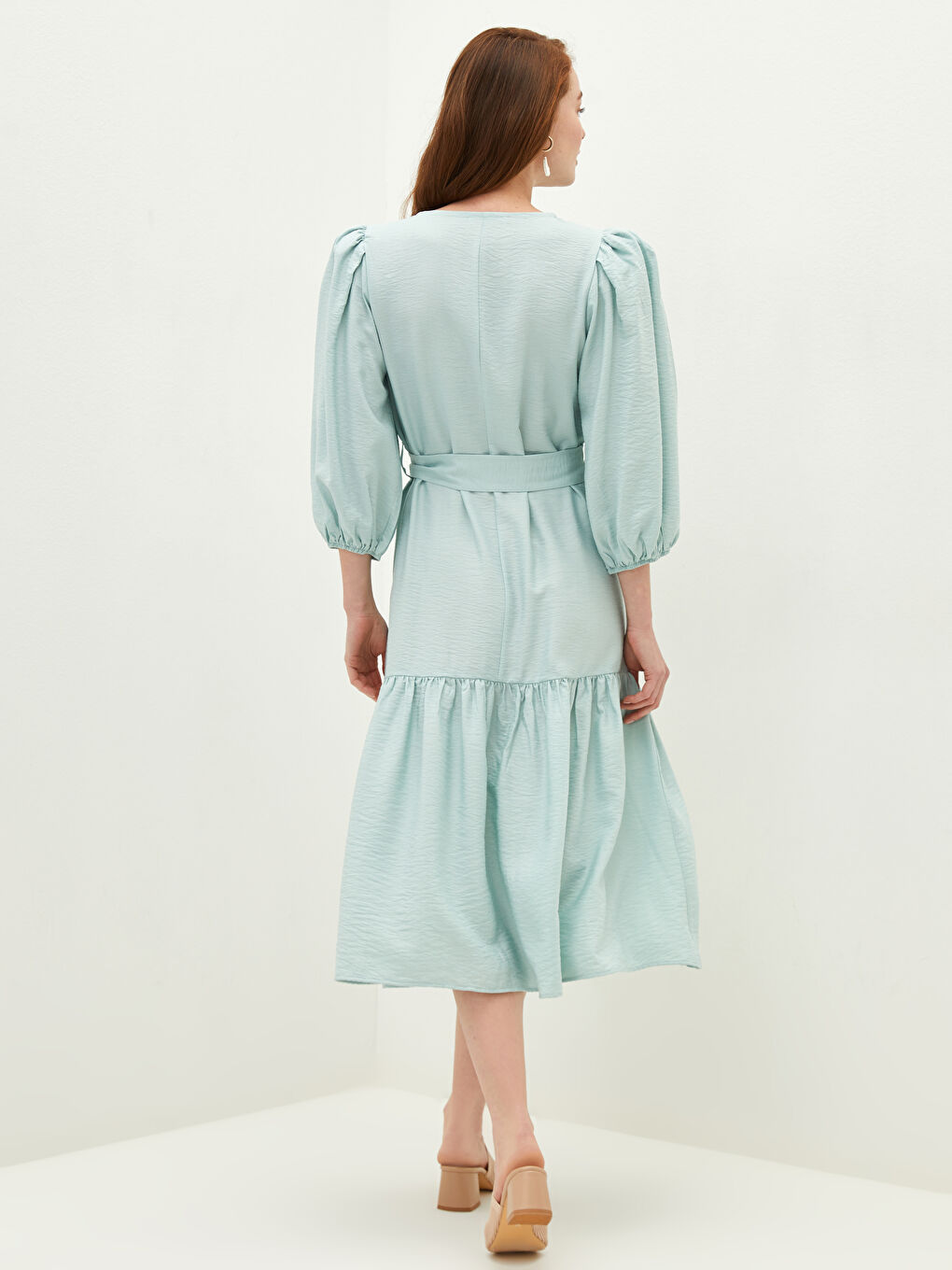 V Neck Waist Belt Straight Long Sleeve Women Dress-3