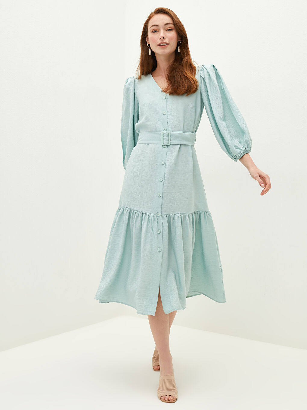 V Neck Waist Belt Straight Long Sleeve Women Dress