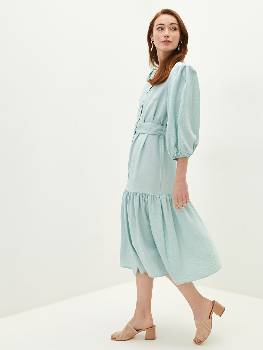 V Neck Waist Belt Straight Long Sleeve Women Dress-1