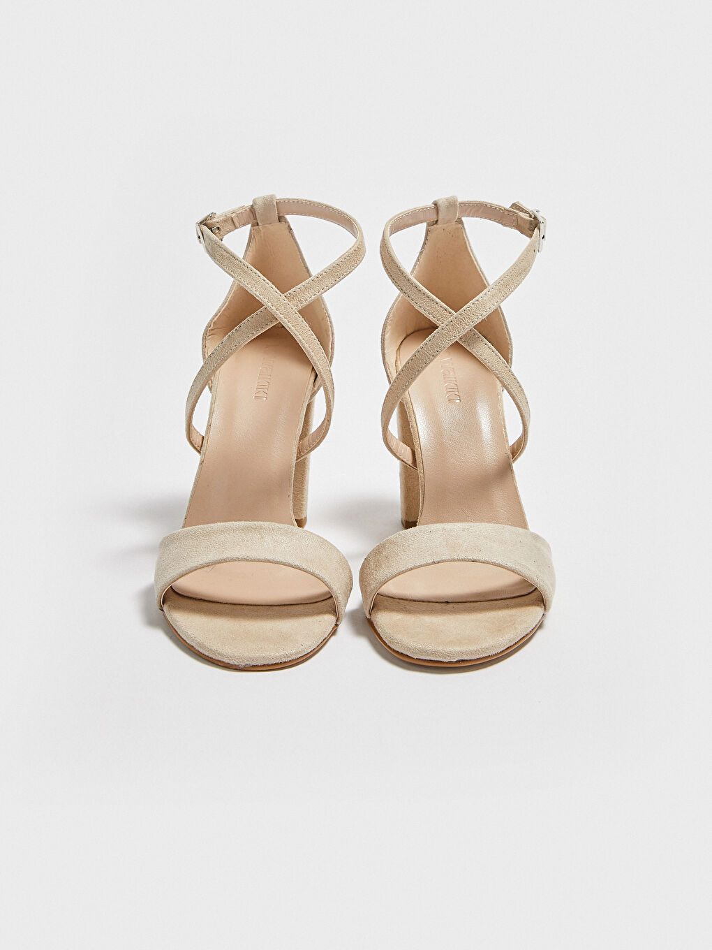 Bej Çapraz Bantlı Süet Kadın Topuklu Ayakkabı-1
