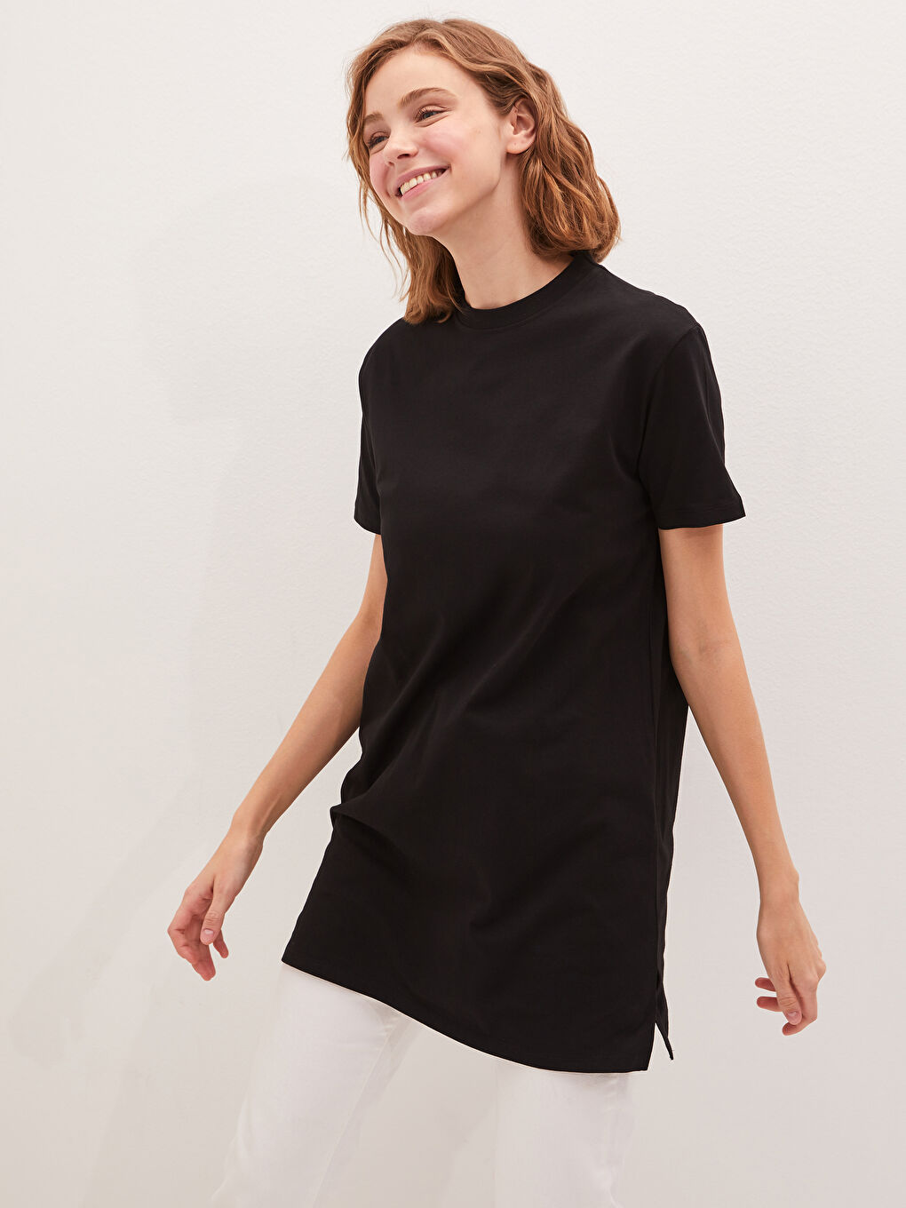 Bisiklet Yaka Düz Kısa Kollu Kadın Tunik-4