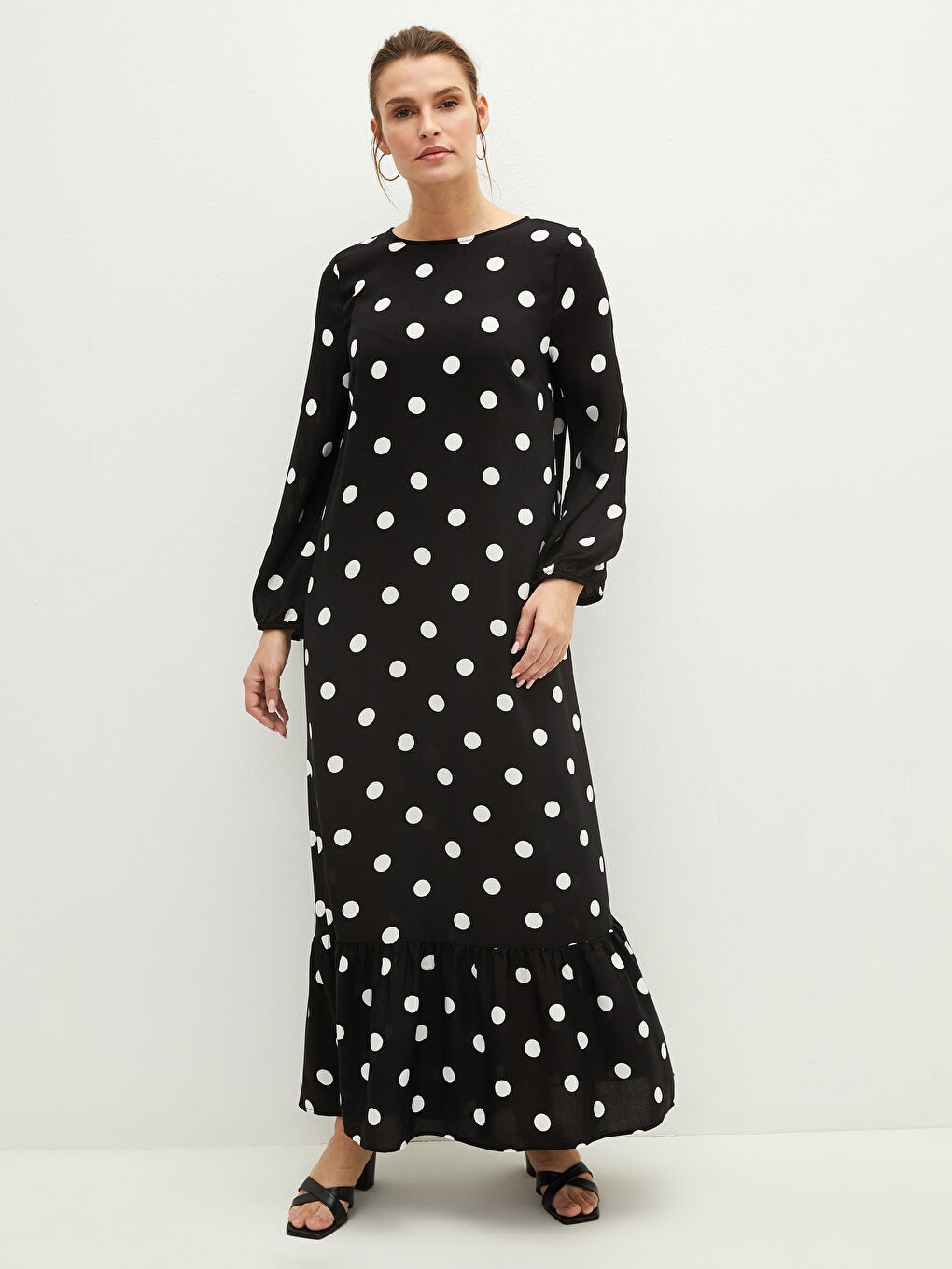 Crew Neck Polka Dot Long Sleeve Viscose Women's Dress
