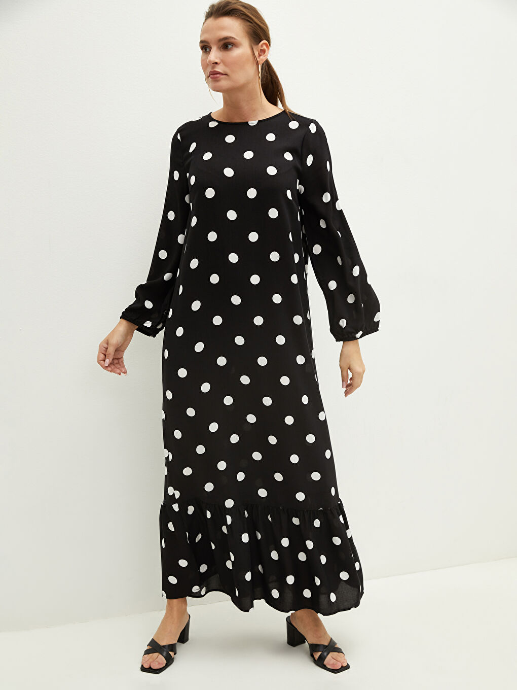 Crew Neck Polka Dot Long Sleeve Viscose Women's Dress-1