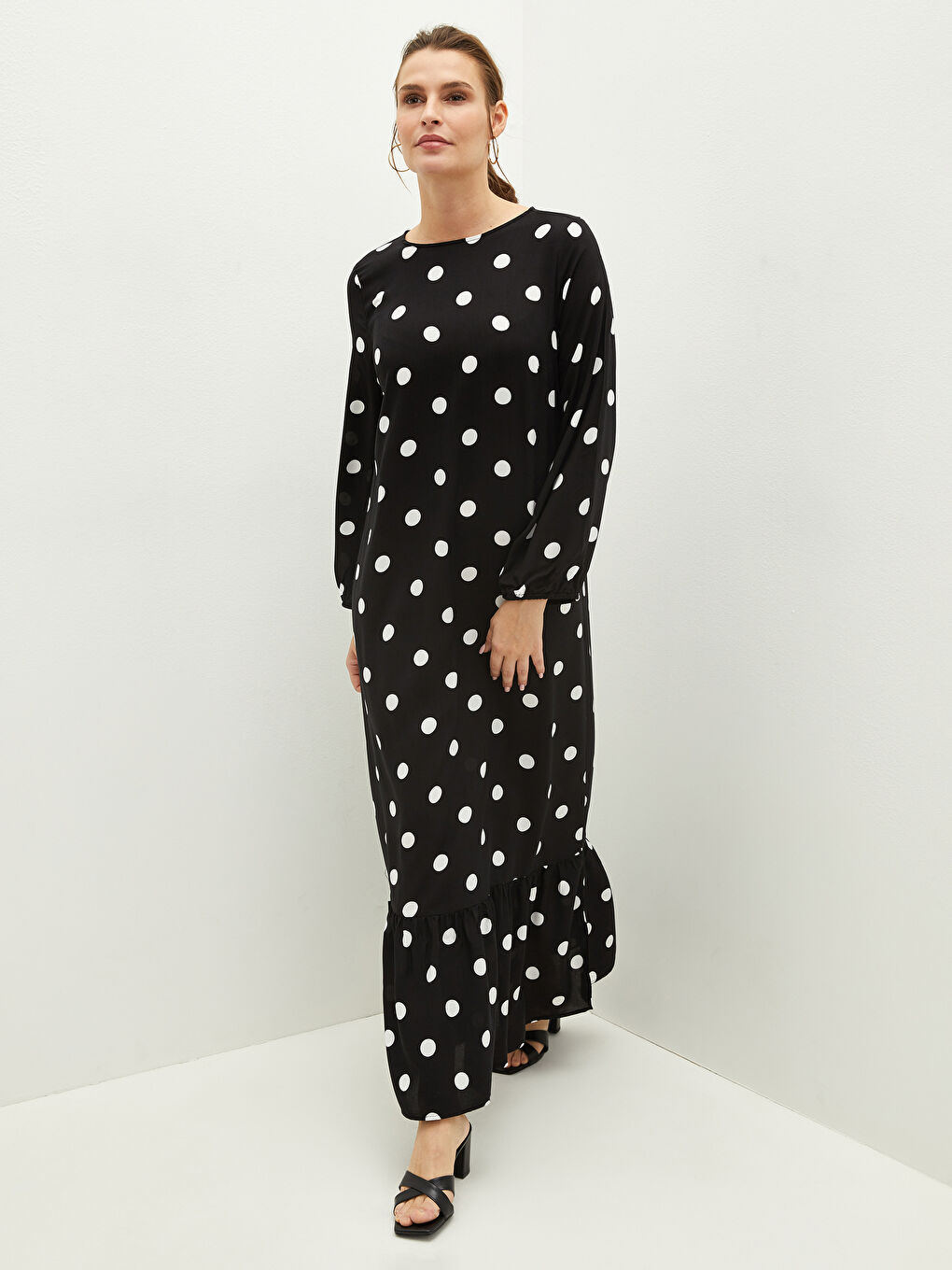 Crew Neck Polka Dot Long Sleeve Viscose Women's Dress-2