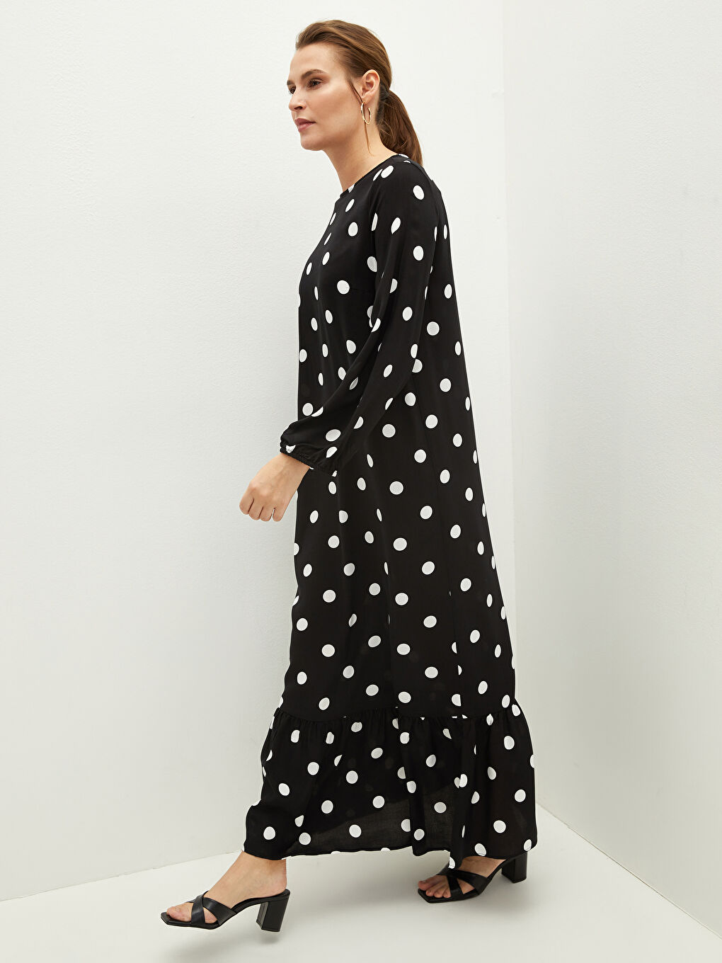 Crew Neck Polka Dot Long Sleeve Viscose Women's Dress-3
