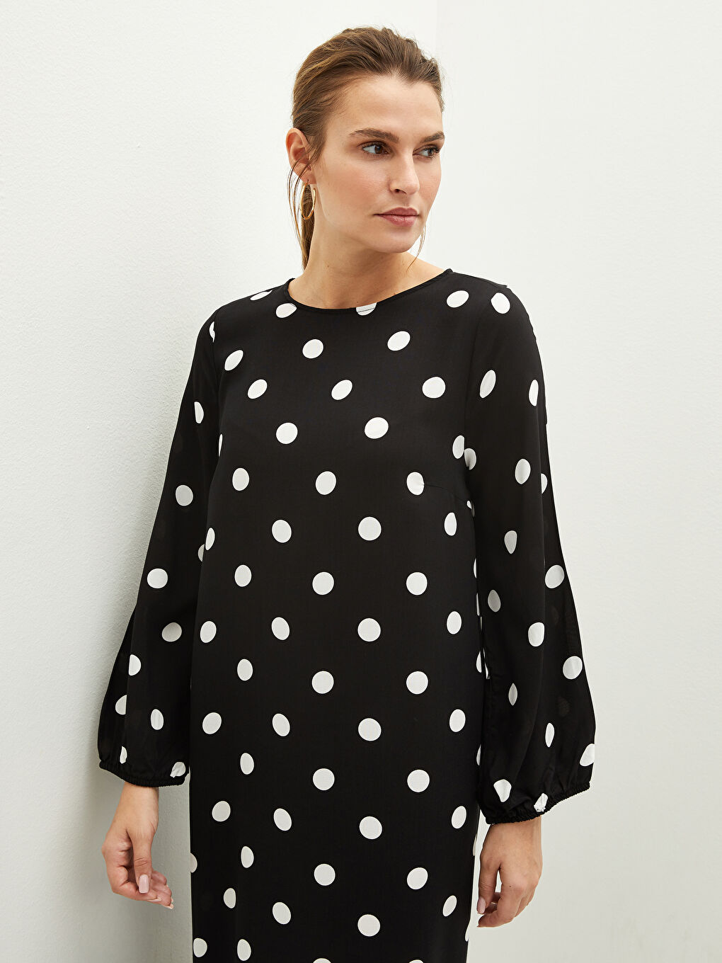 Crew Neck Polka Dot Long Sleeve Viscose Women's Dress-4