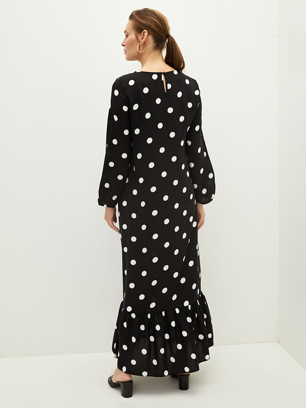 Crew Neck Polka Dot Long Sleeve Viscose Women's Dress-5