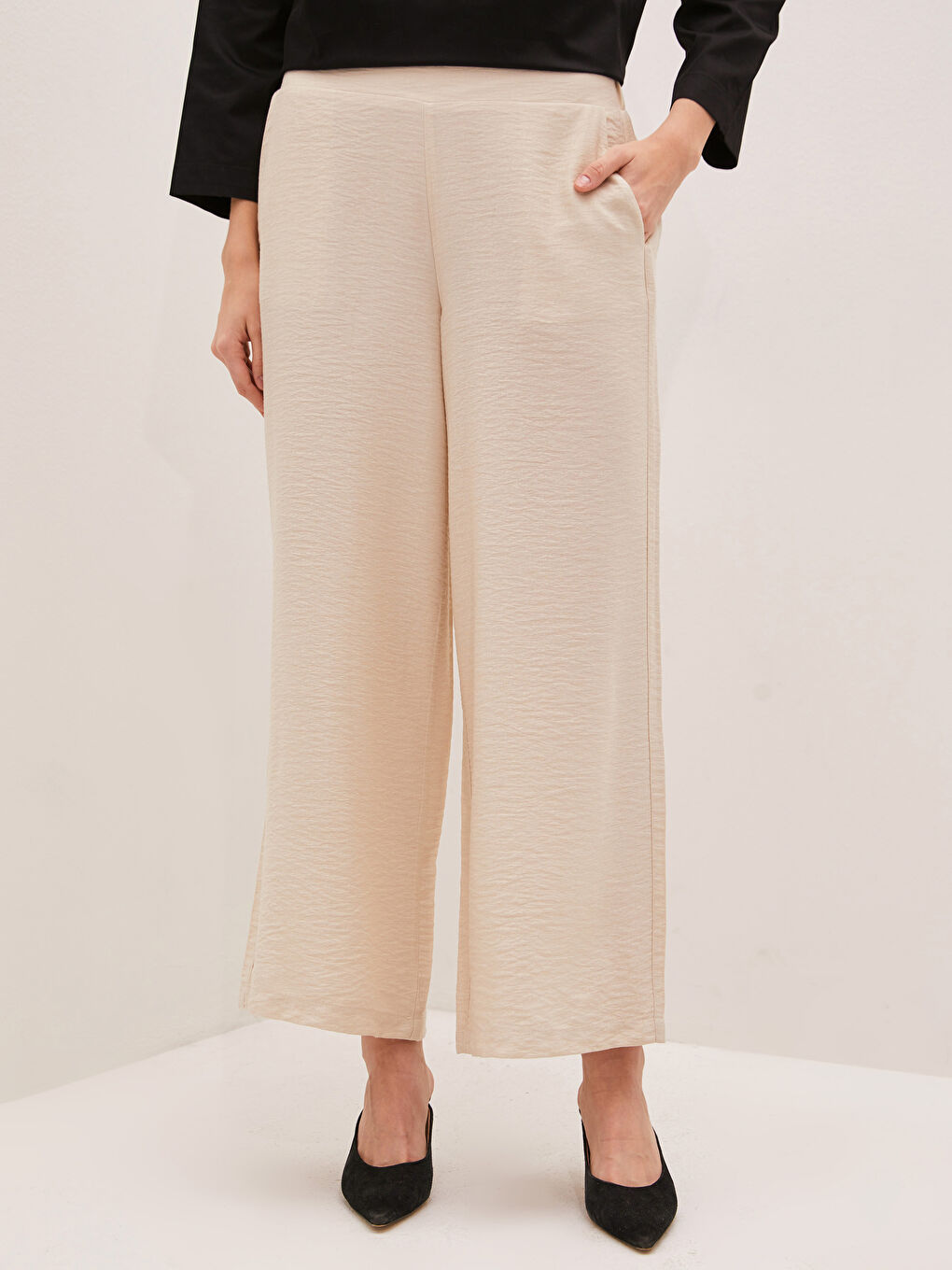 Taille Élastique Coupe Confort Pantalon Palazzo Femme Avec Détail Poche-2