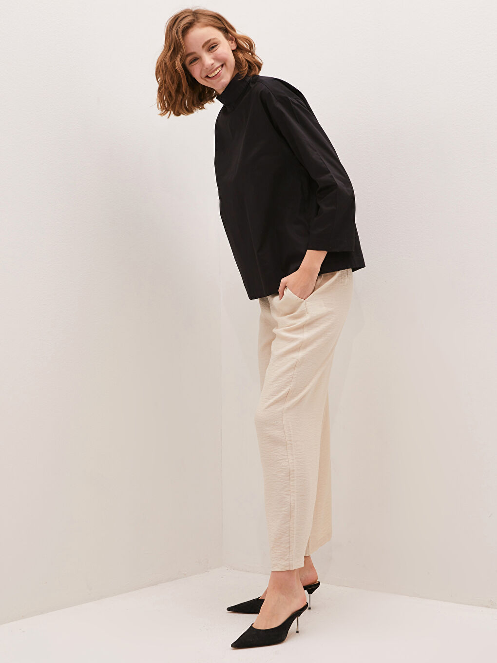 Taille Élastique Coupe Confort Pantalon Palazzo Femme Avec Détail Poche