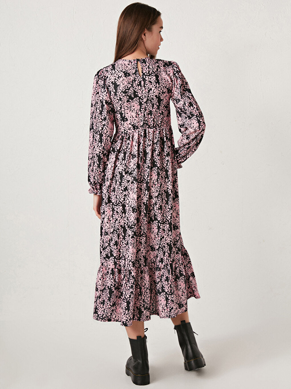 Siyah Bisiklet Yaka Desenli Uzun Kollu Kadın Elbise-6