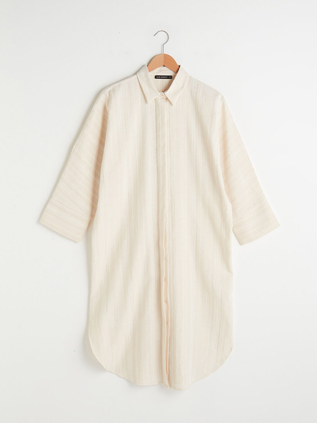 Bej Çizgili Oversize Kadın Gömlek Tunik-5