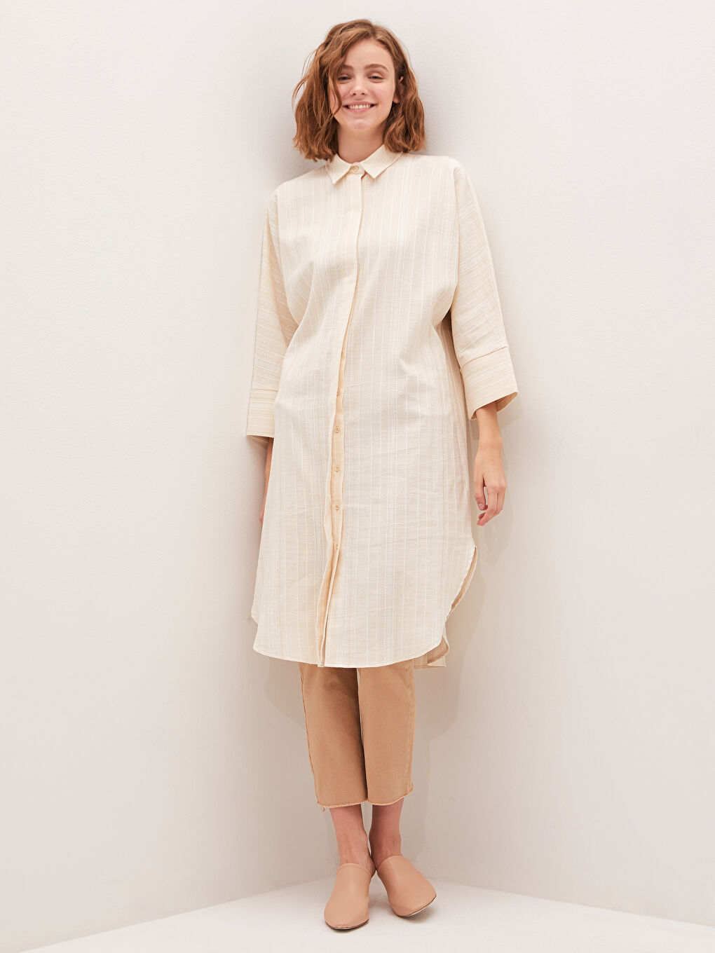 Bej Çizgili Oversize Kadın Gömlek Tunik-2