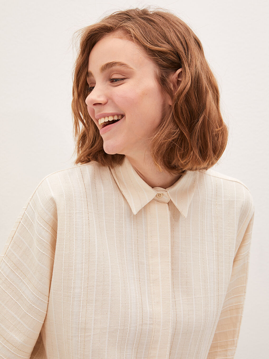 Bej Çizgili Oversize Kadın Gömlek Tunik-3