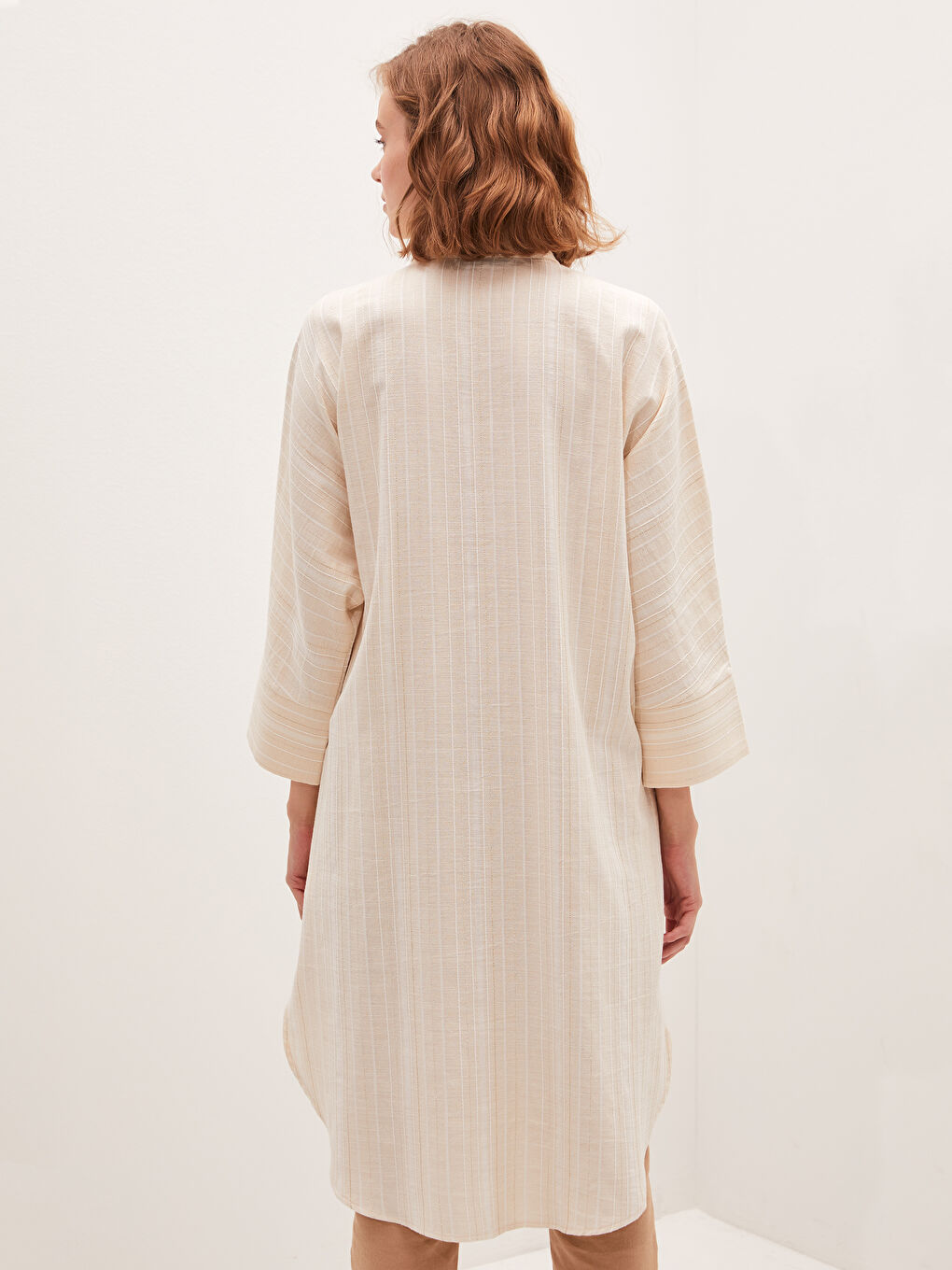 Bej Çizgili Oversize Kadın Gömlek Tunik-4