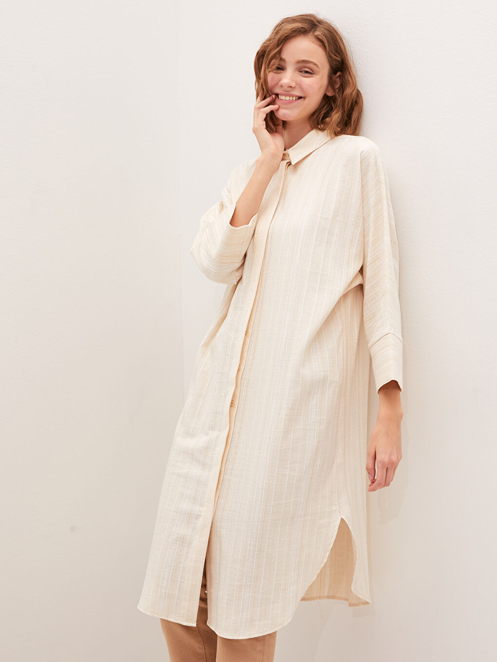 Bej Çizgili Oversize Kadın Gömlek Tunik