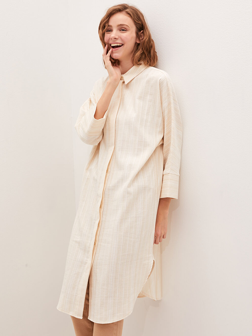 Bej Çizgili Oversize Kadın Gömlek Tunik-1