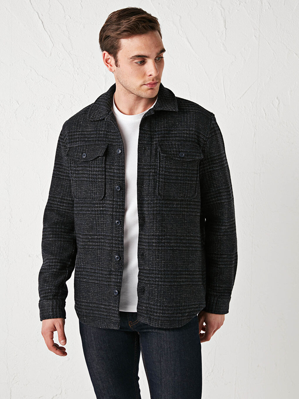 Lacivert Regular Fit Uzun Kollu Ekose Erkek Gömlek Ceket