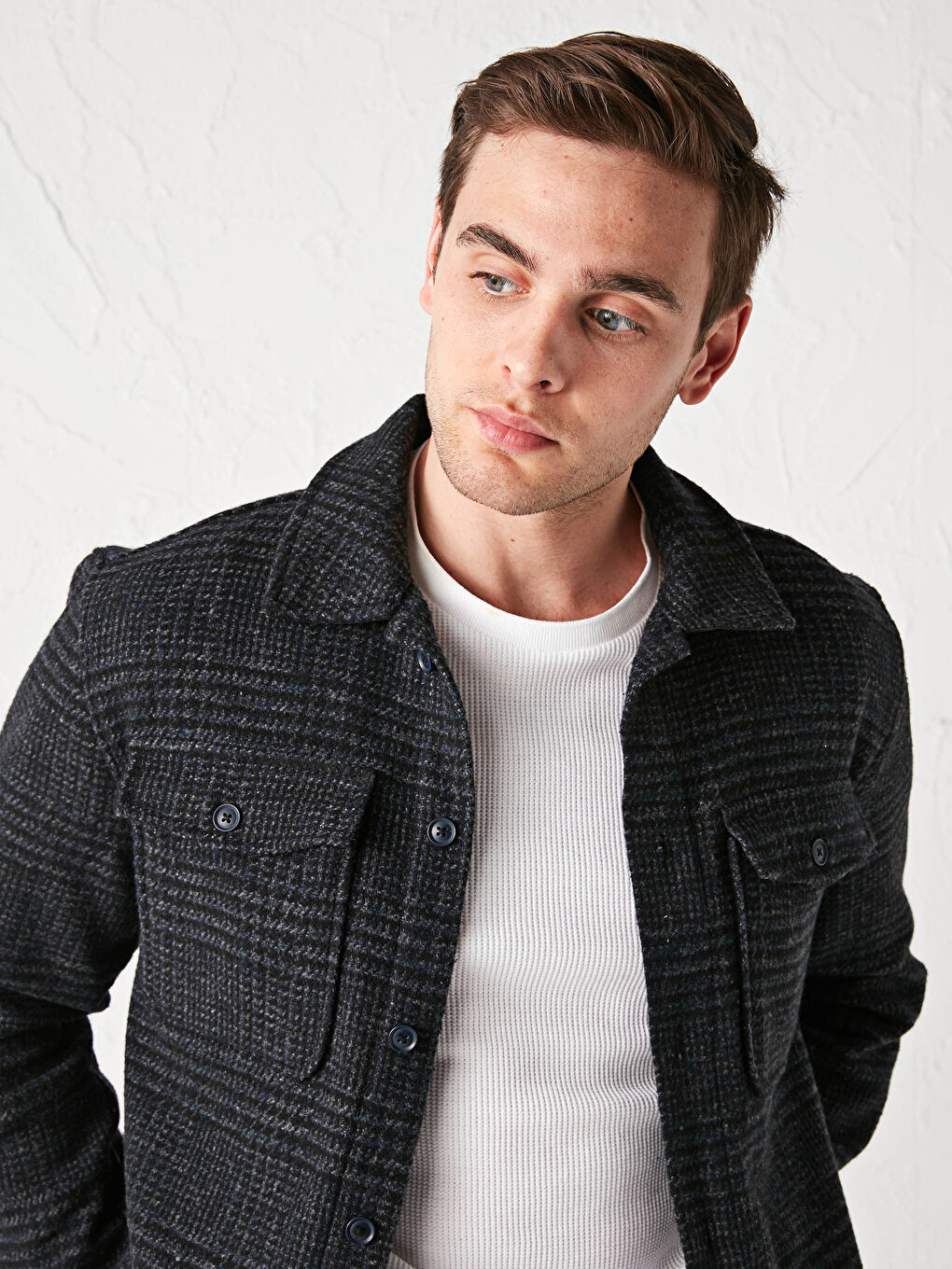 Lacivert Regular Fit Uzun Kollu Ekose Erkek Gömlek Ceket-1