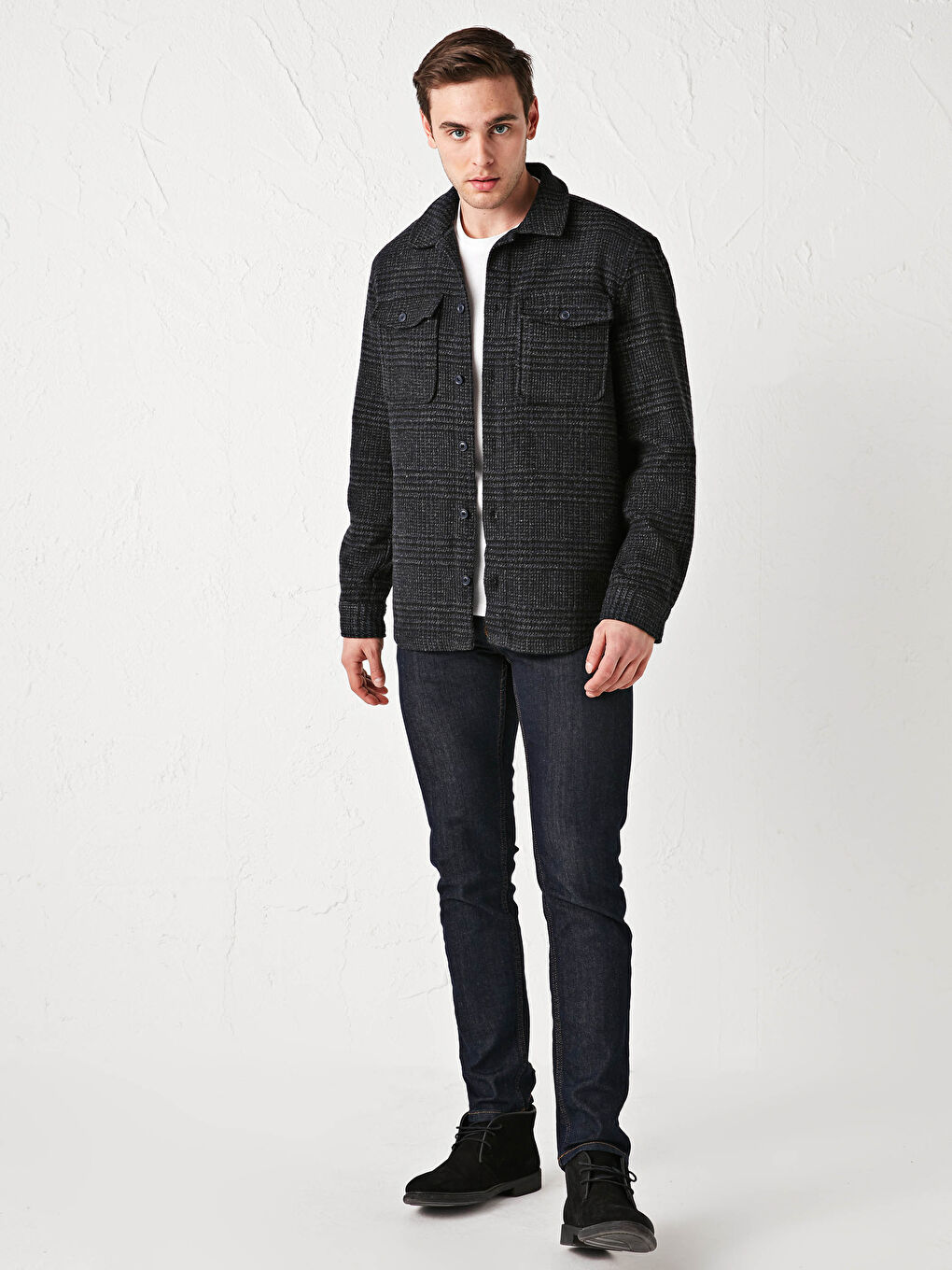 Lacivert Regular Fit Uzun Kollu Ekose Erkek Gömlek Ceket-2