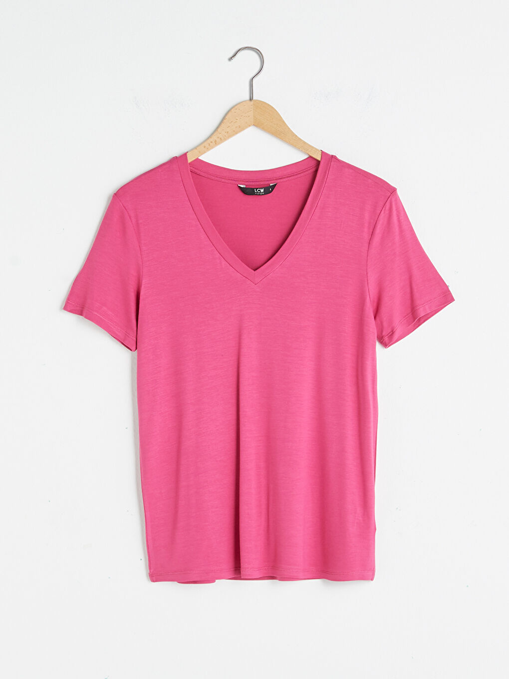Fuşya V Yaka Düz Kısa Kollu Kadın Tişört-7